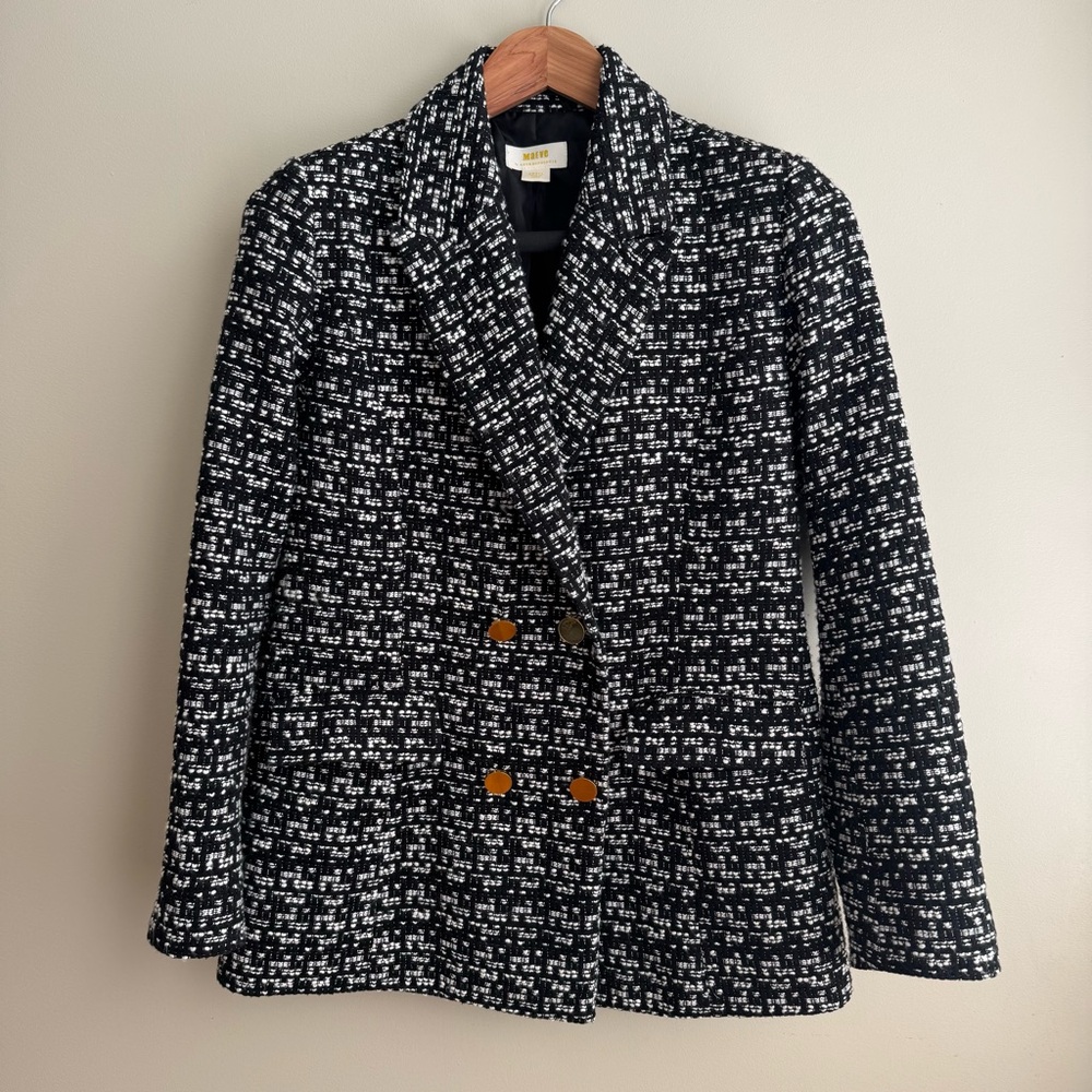 ANTHROPOLOGIE Maeve Black and White Boucle Tweed Blazer Heavy-weight size Small